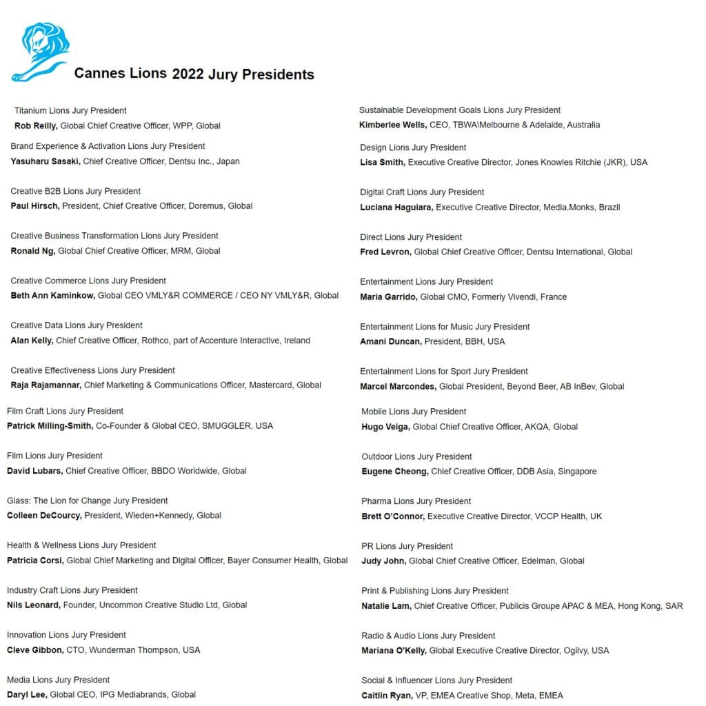Cannes Lions 2022 jury presidents