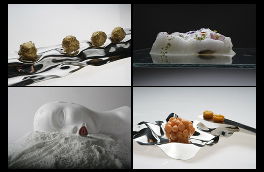 Izquierda (de arriba a abajo) : Pepita de oro (2007), Fresa-Lyo con parmesano nitro (2006). Derecha (de arriba a abajo): Aire de miel con flores y pistachos (2006). Trufa helada de zanahoria y fruta de la pasión (2007). Fotos Françesc Guillaumet. © elBulli.