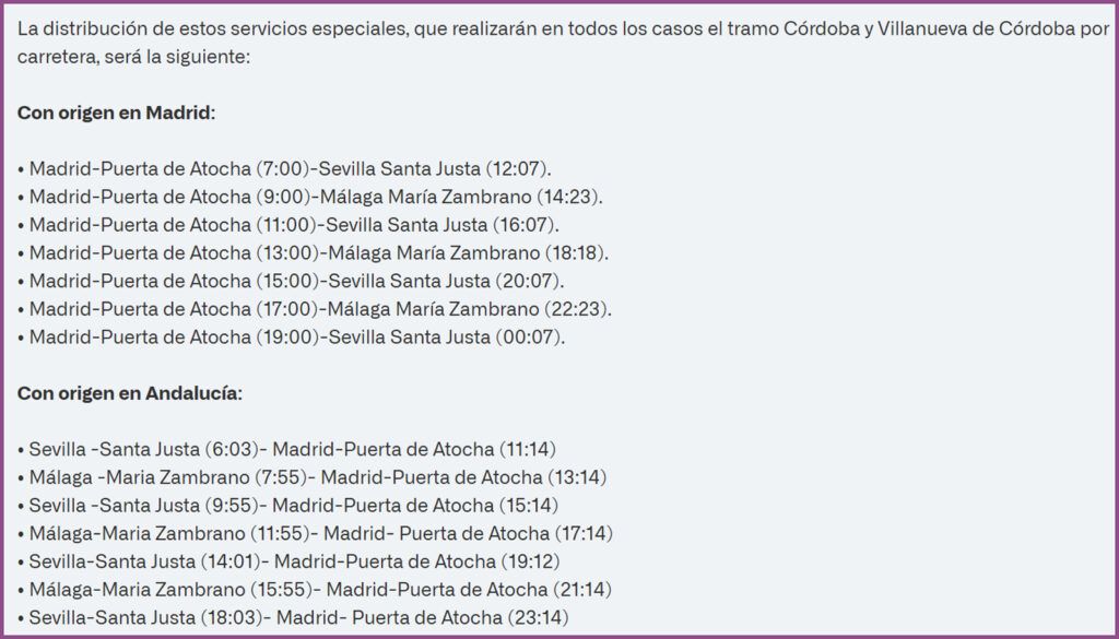 tabla horarios plan especial renfe descarrilamiento adamuz